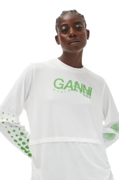 Shop GANNI Active Mesh Layered Long Sleeve T-Shirt Bright White