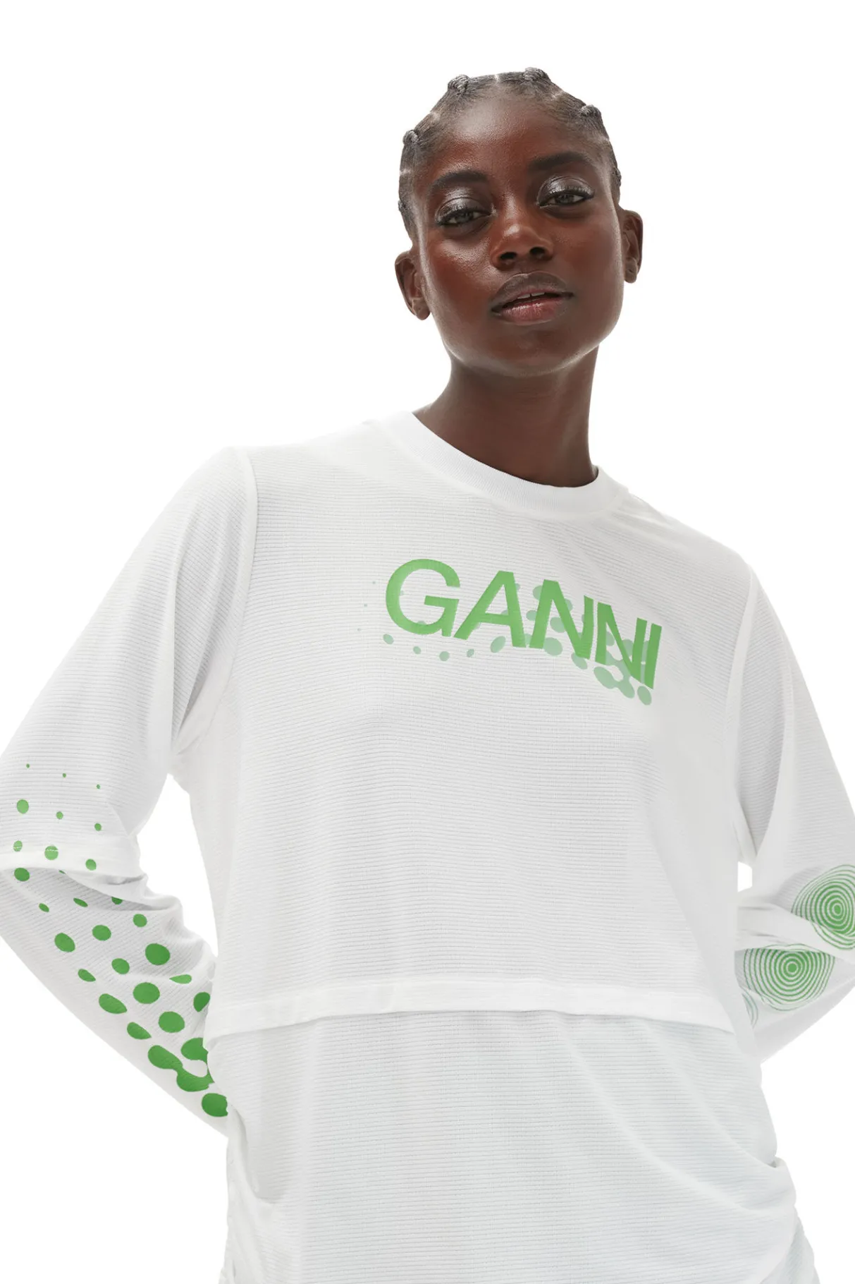 Shop GANNI Active Mesh Layered Long Sleeve T-Shirt Bright White