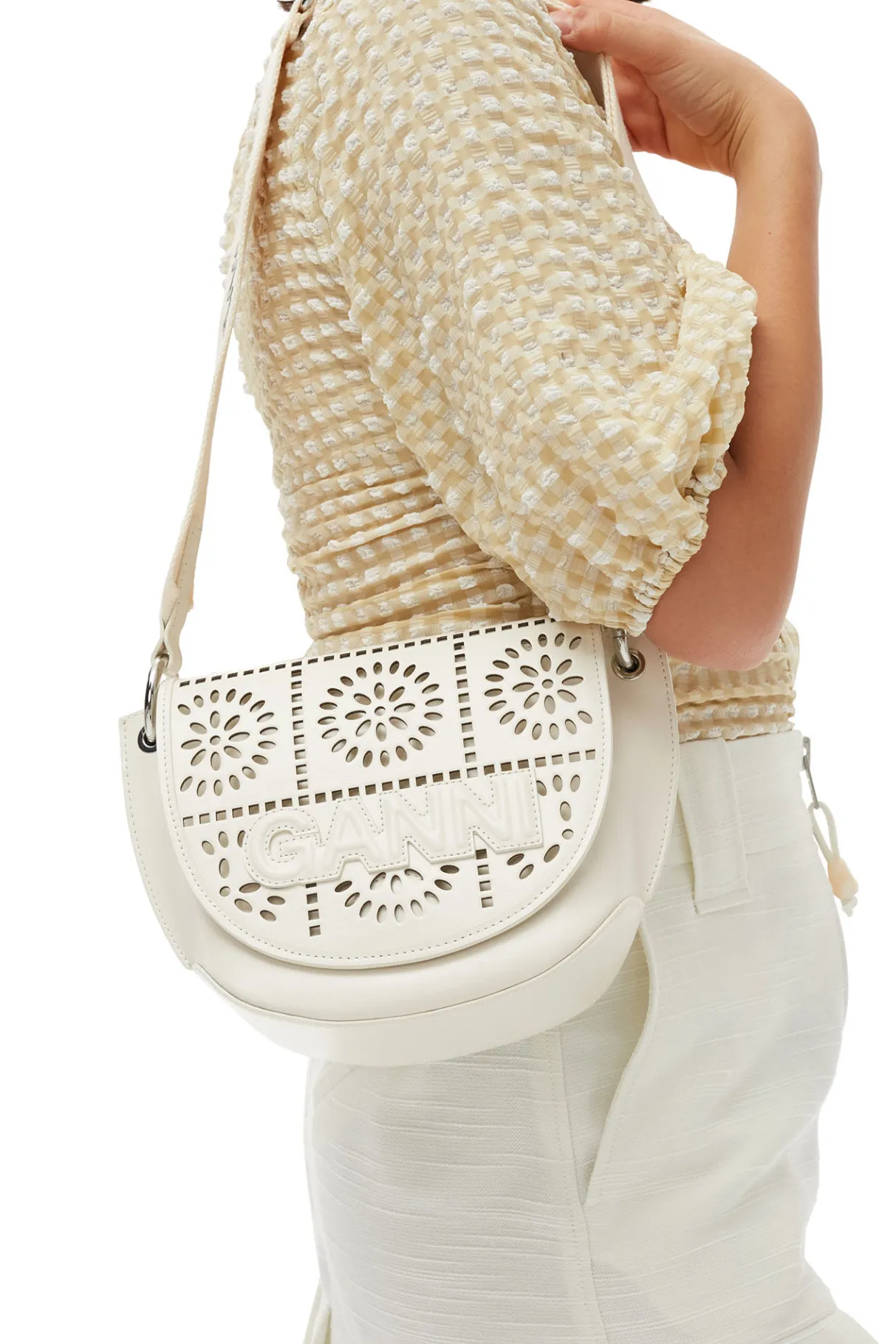 Cheap GANNI Banner Perforated Saddle Bag Egret