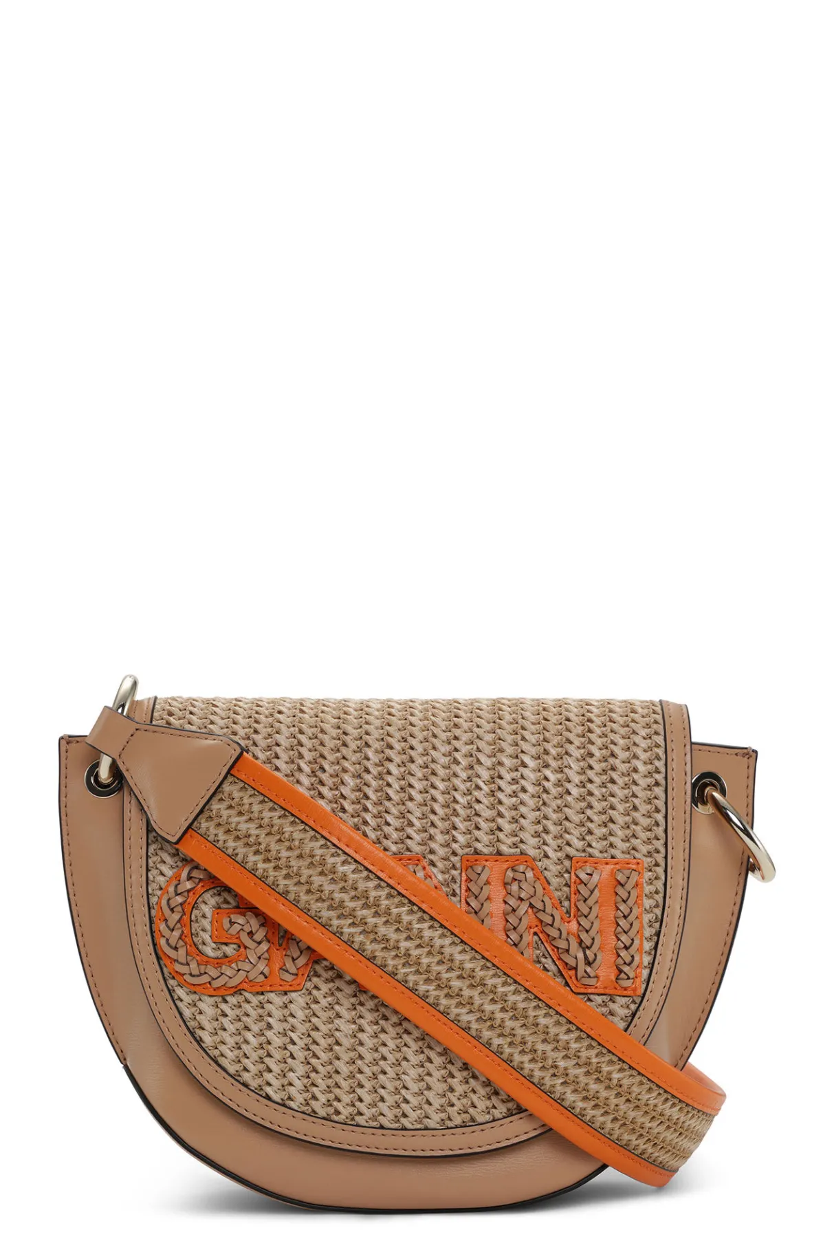 Cheap GANNI Banner Saddle Raffia Bag Tan