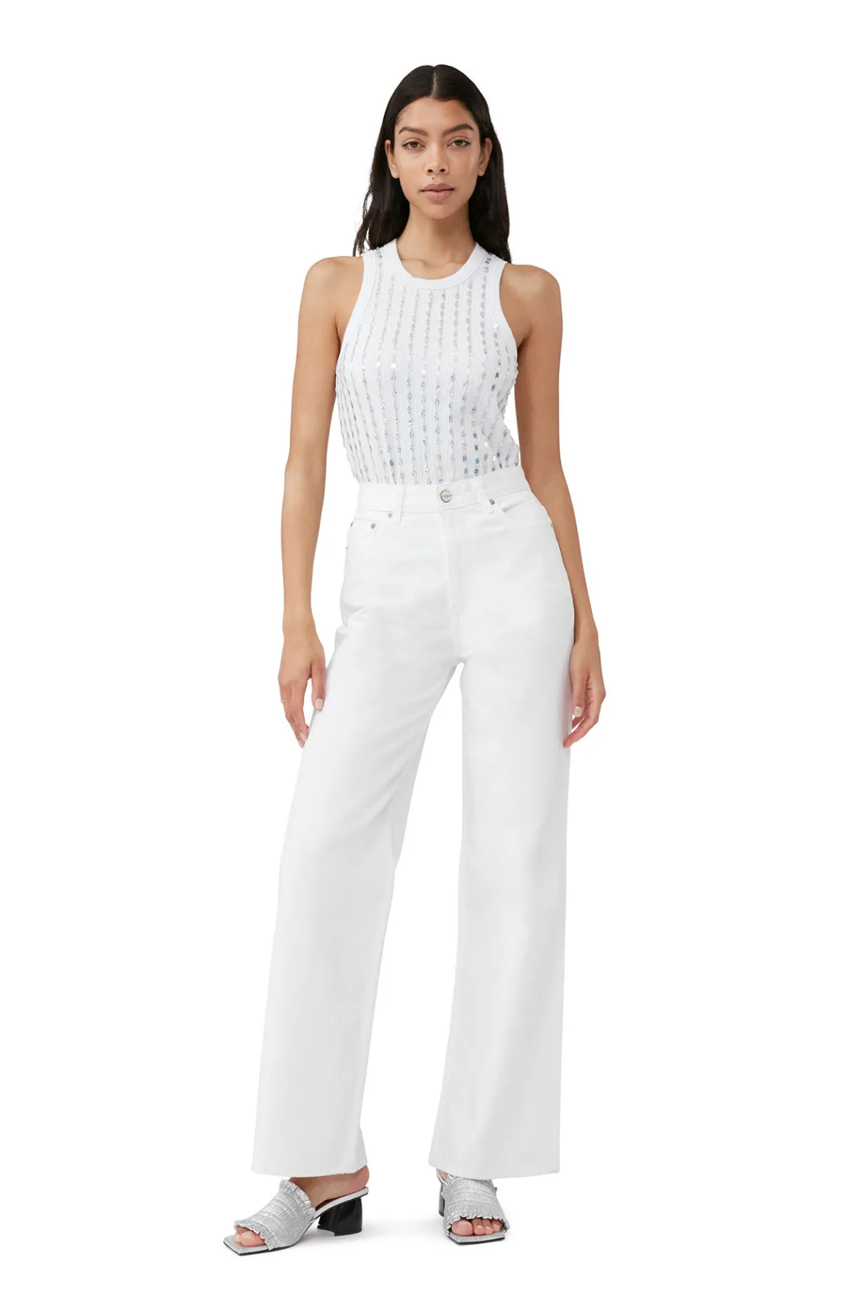 Sale GANNI Beaded Rib Jersey Top Bright White