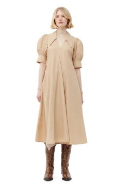 Clearance GANNI Beige Cotton Poplin V-Neck Maxi Dress Curds And Whey