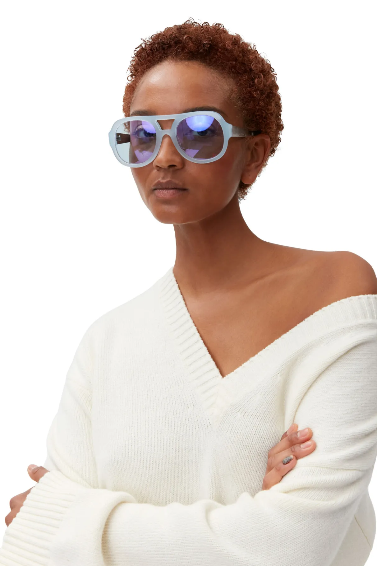 Fashion GANNI Biodegradable Acetate Chunky Retro Aviator Sunglasses Heather