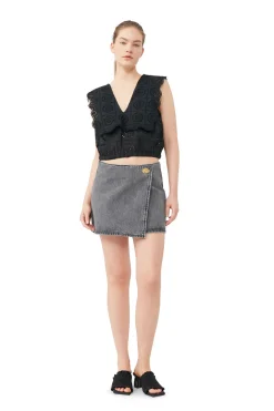 Hot GANNI Black Washed Wrap Mini Skirt Sharkskin
