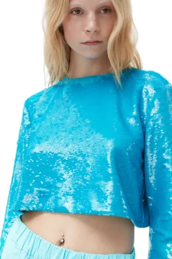 Shop GANNI Blue Sequins Blouse Blue Curacao