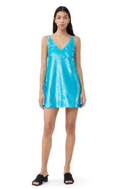 Shop GANNI Blue Sequins Strap Mini Dress Blue Curacao