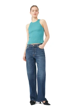 Outlet GANNI Blue Sleeveless Melange Top Lagoon