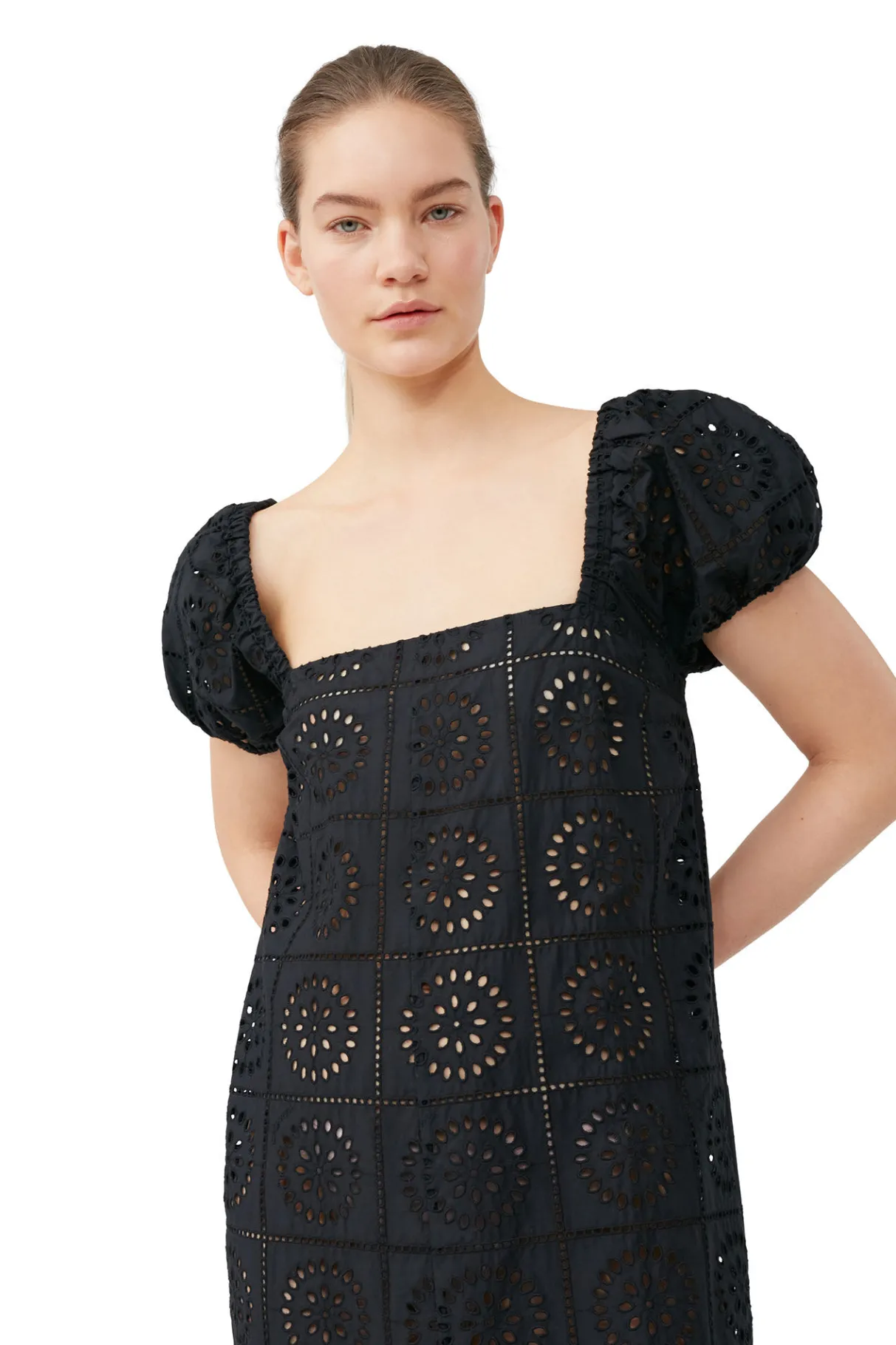 Fashion GANNI Broderie Anglaise Midi Dress Black