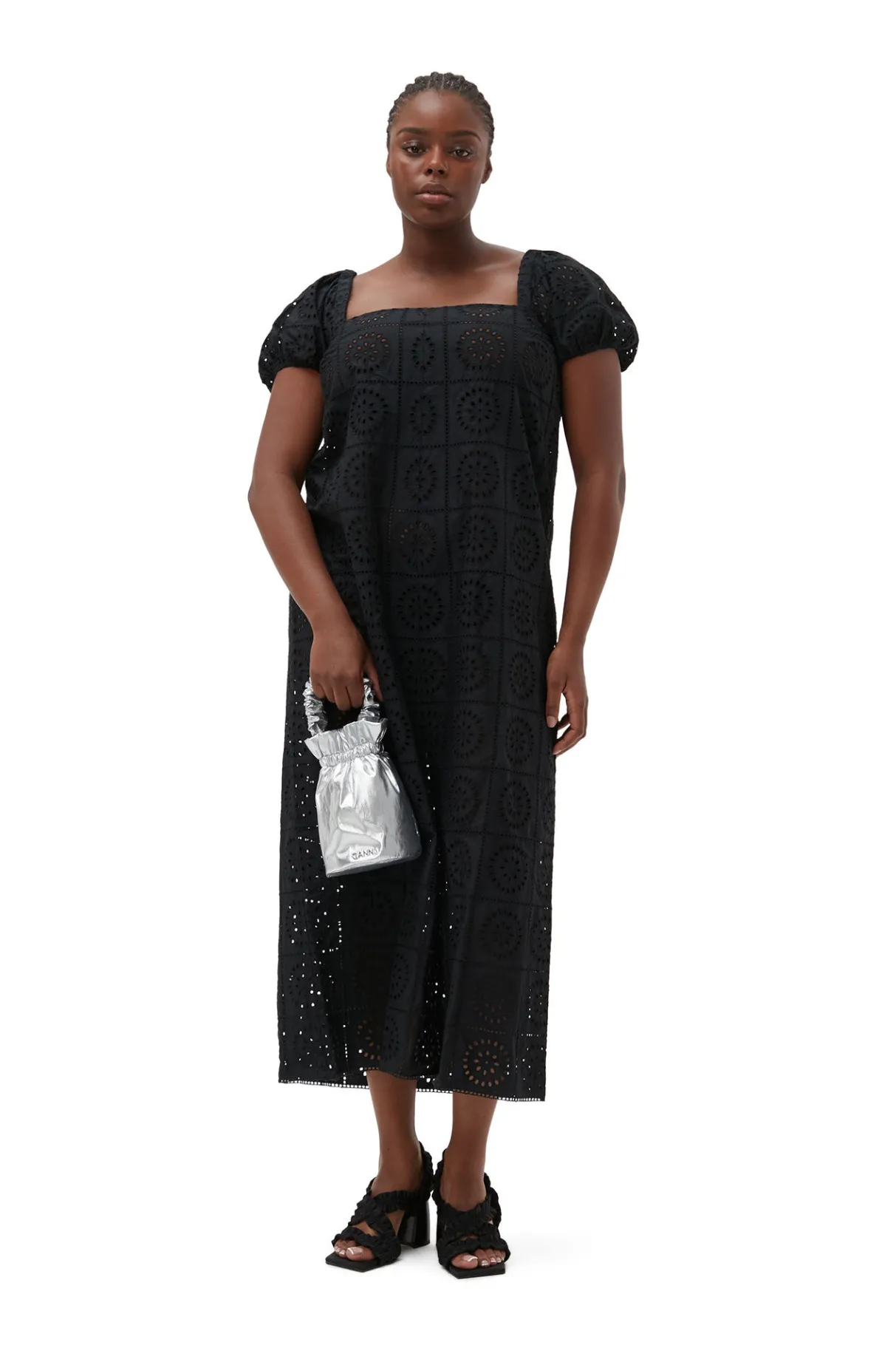 Fashion GANNI Broderie Anglaise Midi Dress Black
