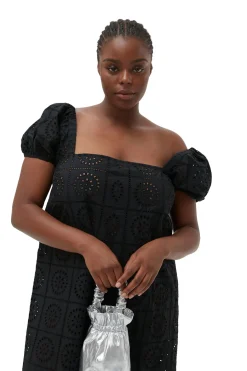 Fashion GANNI Broderie Anglaise Midi Dress Black