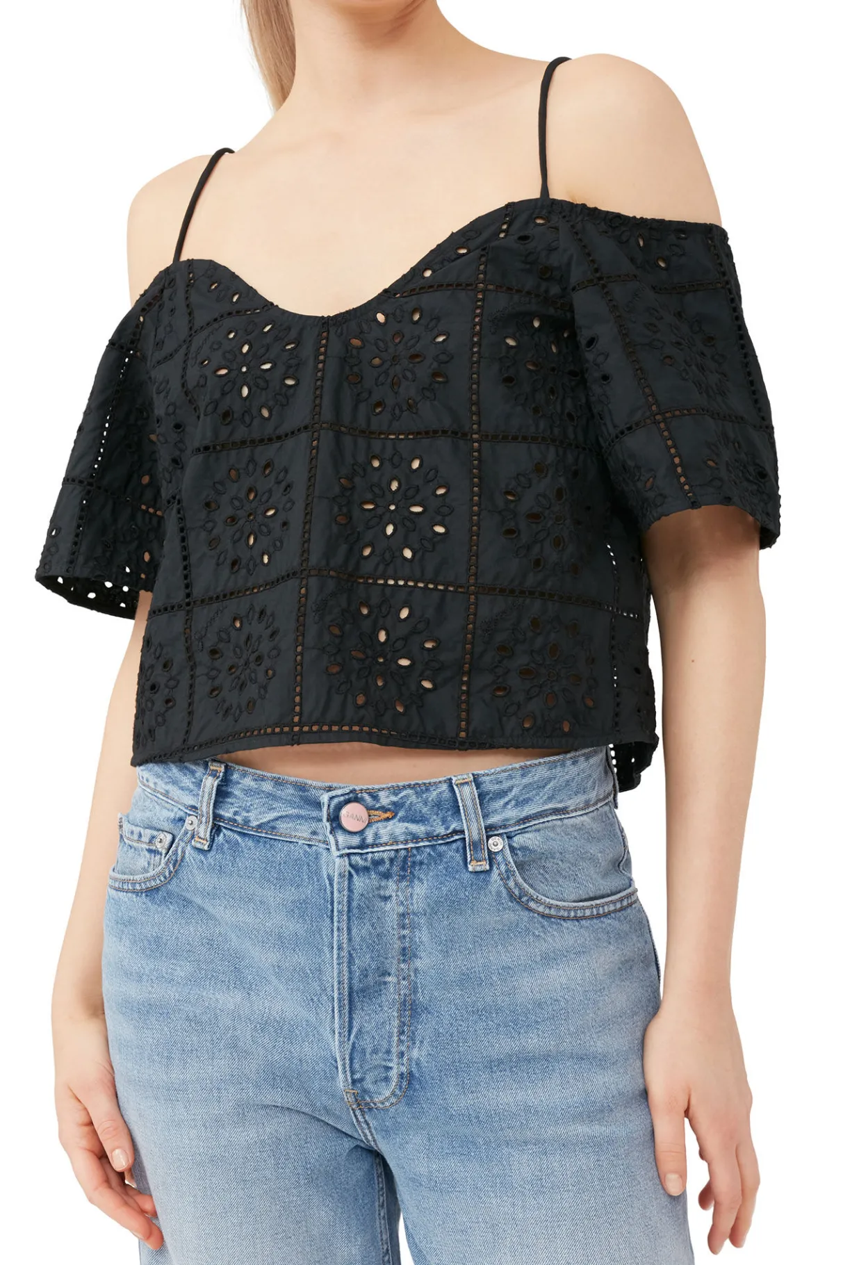 Best GANNI Broderie Anglaise Top Black