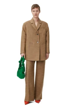 Hot GANNI Brown Slub Linen Mid Waist Pants Petrified Oak
