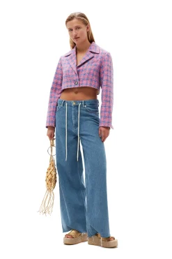 Sale GANNI Check Suiting Cropped Blazer Wild Orchid