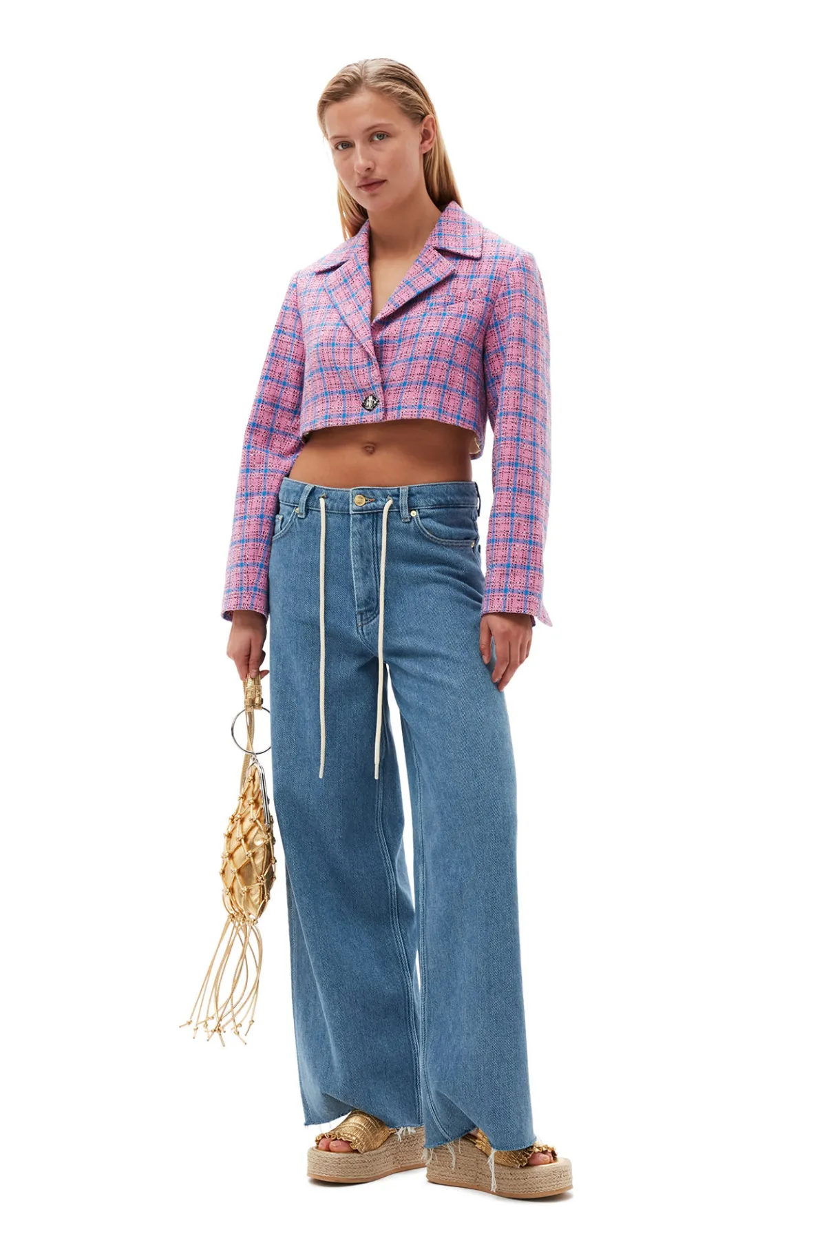 Sale GANNI Check Suiting Cropped Blazer Wild Orchid