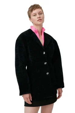 Shop GANNI Chenille Fitted Blazer Black