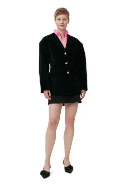 Shop GANNI Chenille Fitted Blazer Black