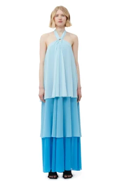 Discount GANNI Chiffon Layer Maxi Dress Ethereal Blue