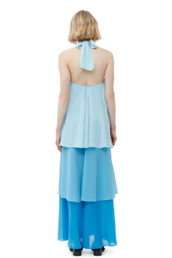 Discount GANNI Chiffon Layer Maxi Dress Ethereal Blue