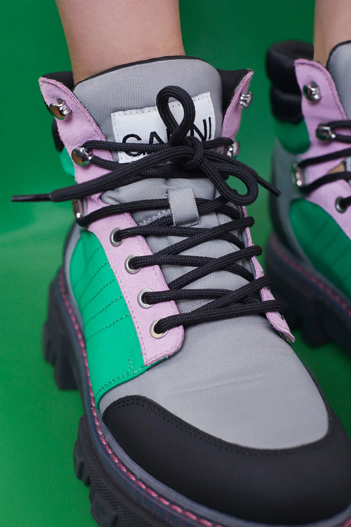 Cheap GANNI Cleated Lace Up Hiking Boots Kelly Green