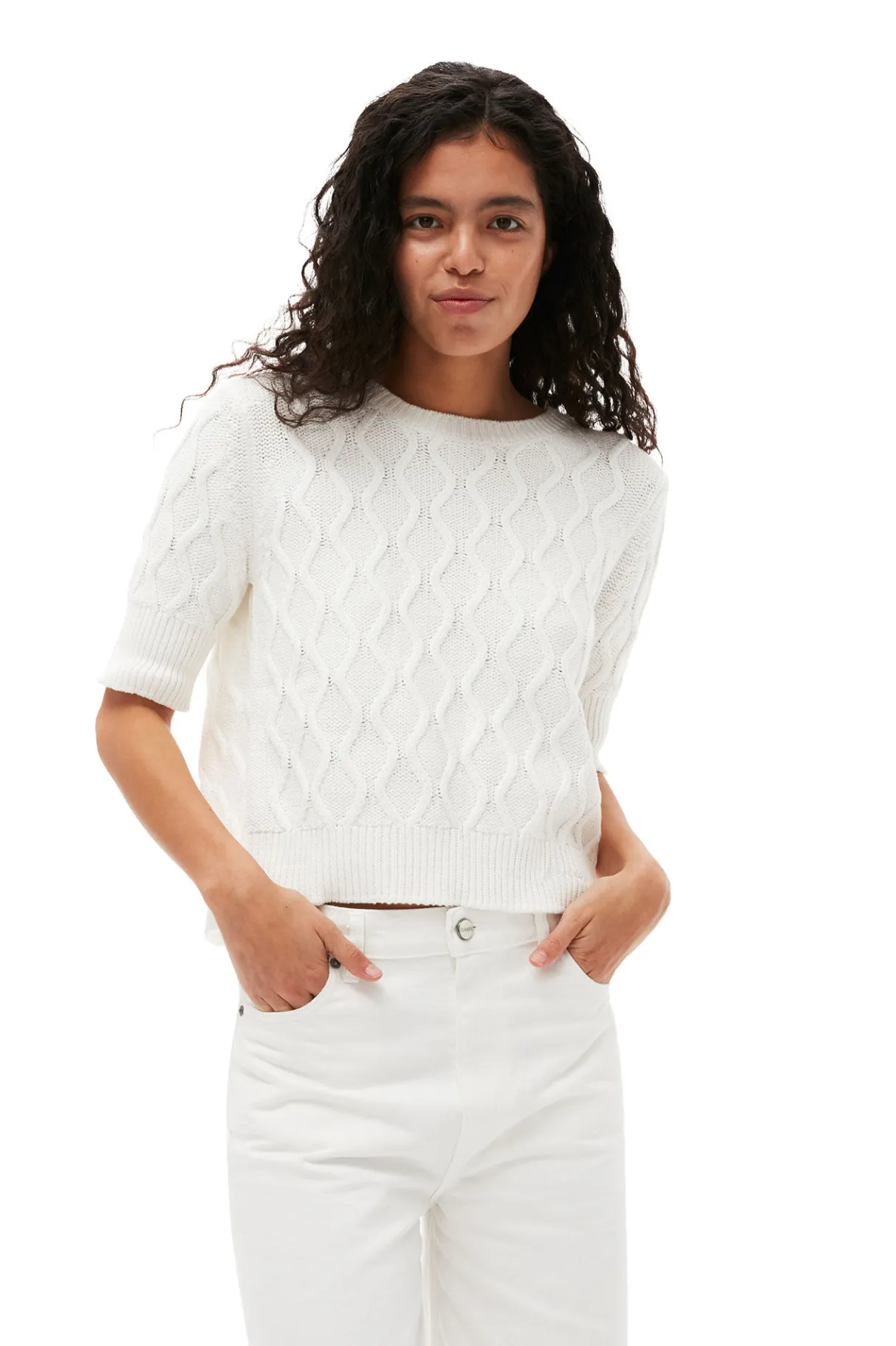 Outlet GANNI Cotton Cable Open Back Top Bright White