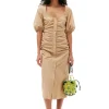 Hot GANNI Cotton Poplin Gathered Open-Neck Maxi Dress Curds And Whey