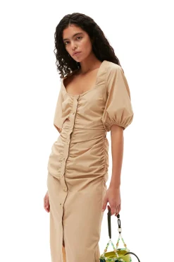 Hot GANNI Cotton Poplin Gathered Open-Neck Maxi Dress Curds And Whey