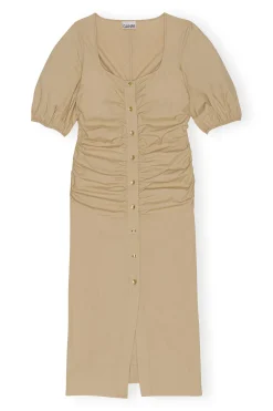 Hot GANNI Cotton Poplin Gathered Open-Neck Maxi Dress Curds And Whey
