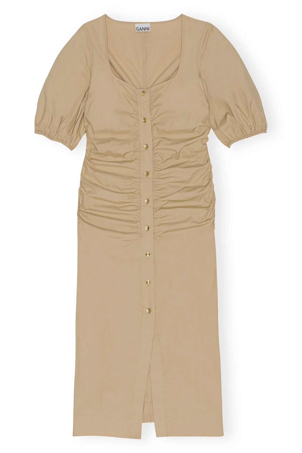 Hot GANNI Cotton Poplin Gathered Open-Neck Maxi Dress Curds And Whey