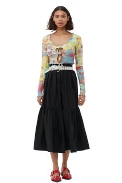 New GANNI Cotton Poplin Maxi Flounce Skirt Black
