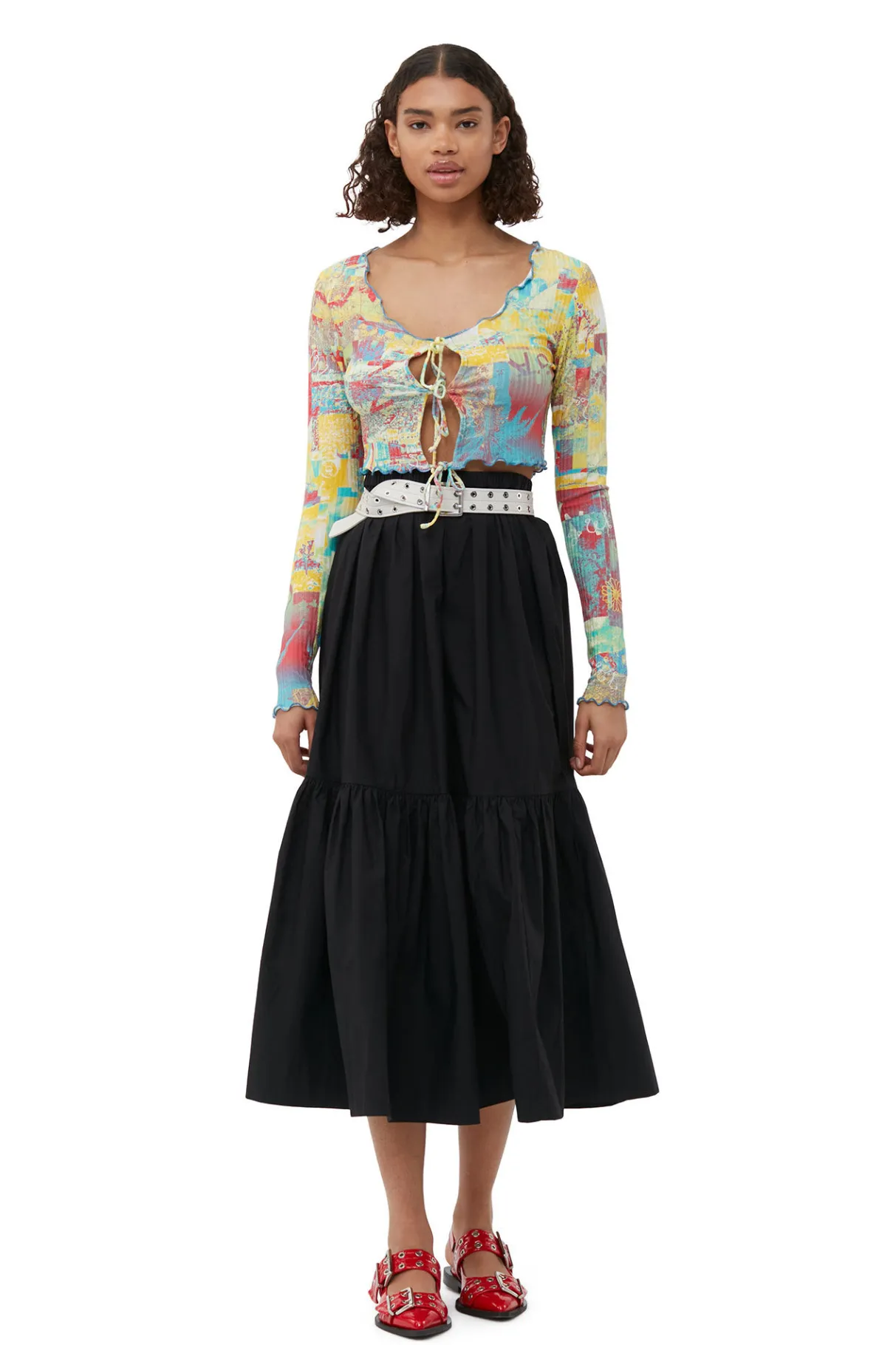 New GANNI Cotton Poplin Maxi Flounce Skirt Black