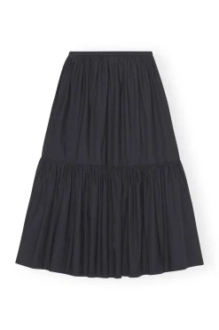 New GANNI Cotton Poplin Maxi Flounce Skirt Black