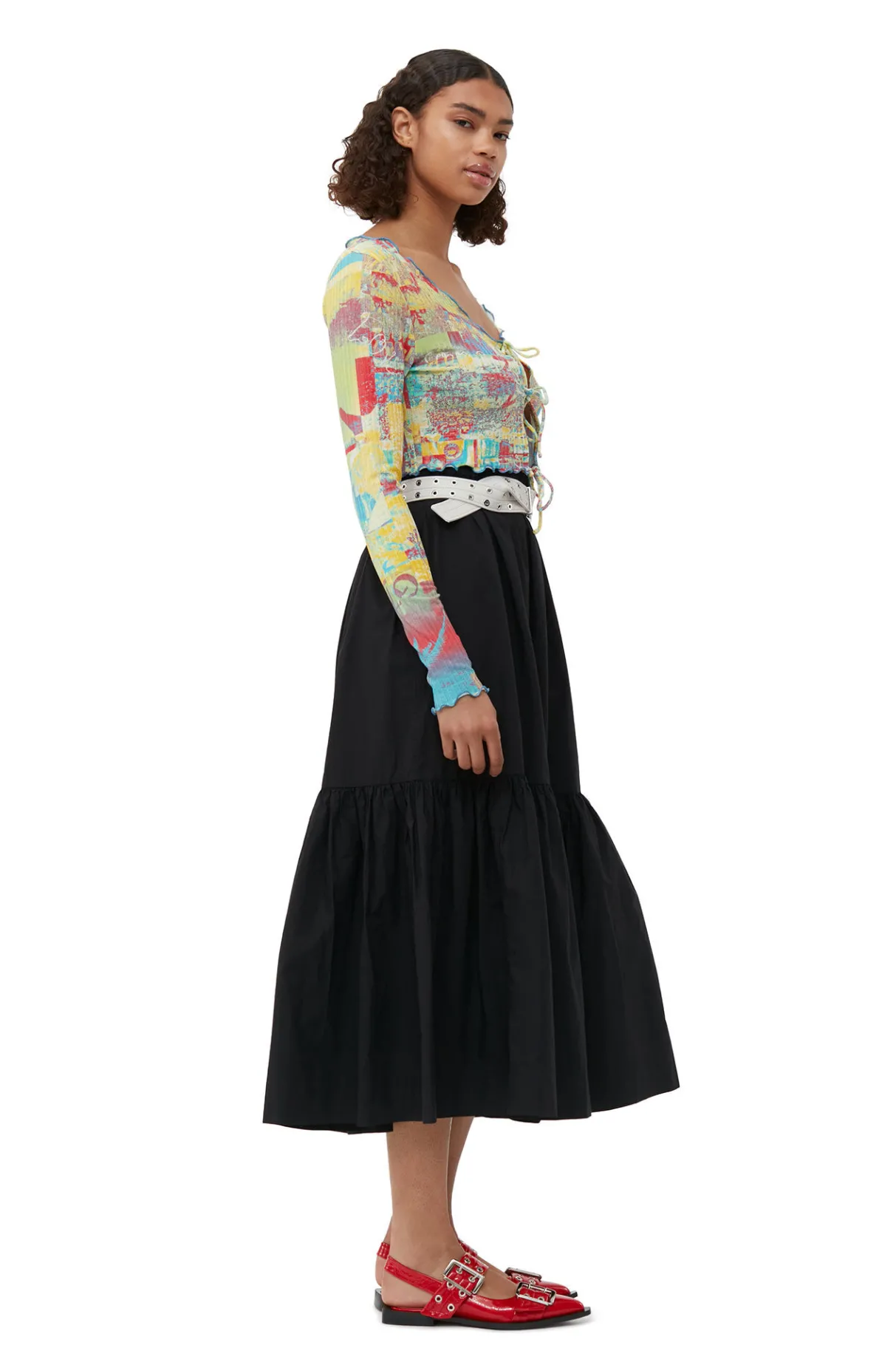 New GANNI Cotton Poplin Maxi Flounce Skirt Black