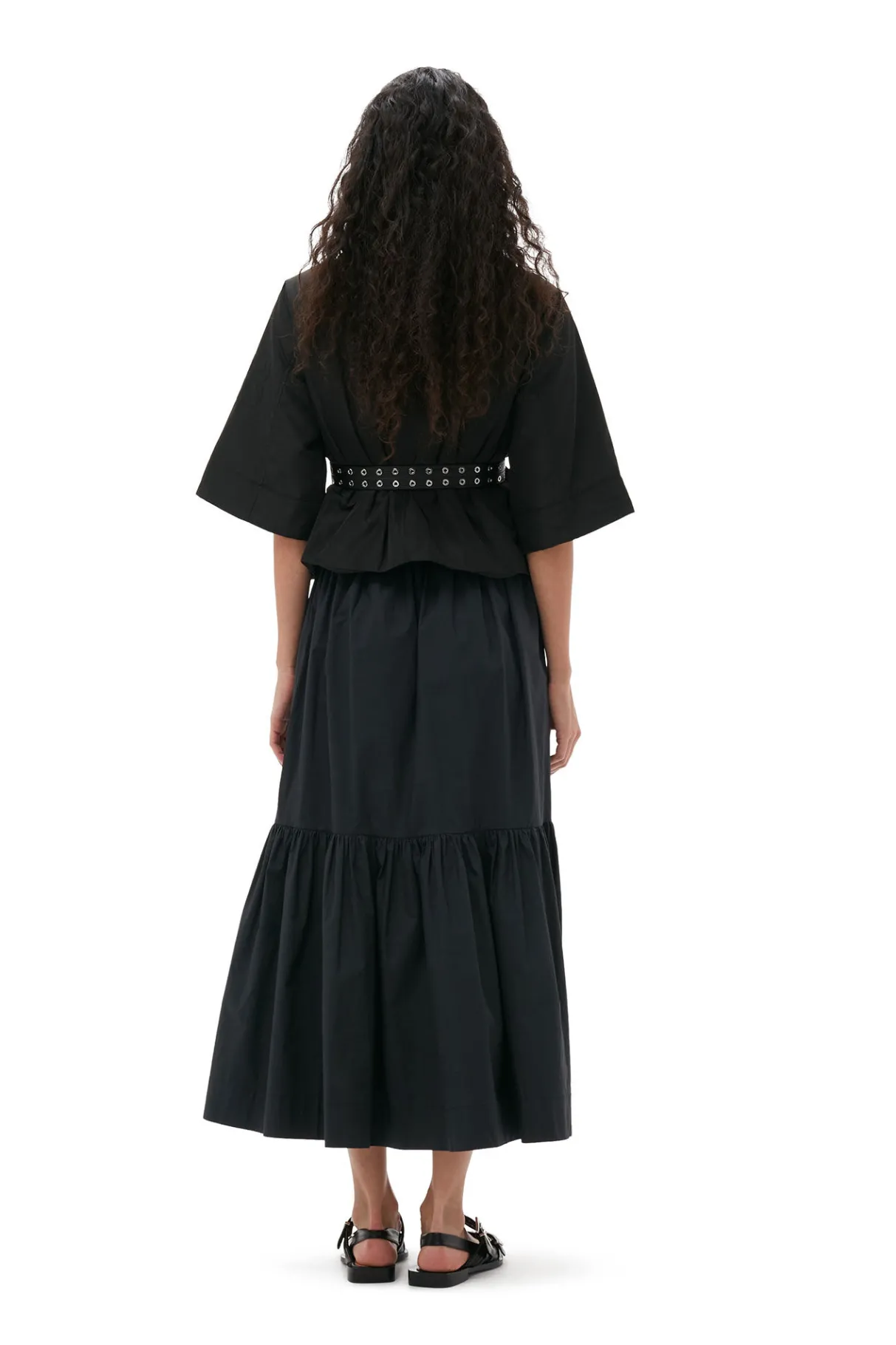 New GANNI Cotton Poplin Maxi Flounce Skirt Black