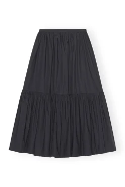 New GANNI Cotton Poplin Maxi Flounce Skirt Black