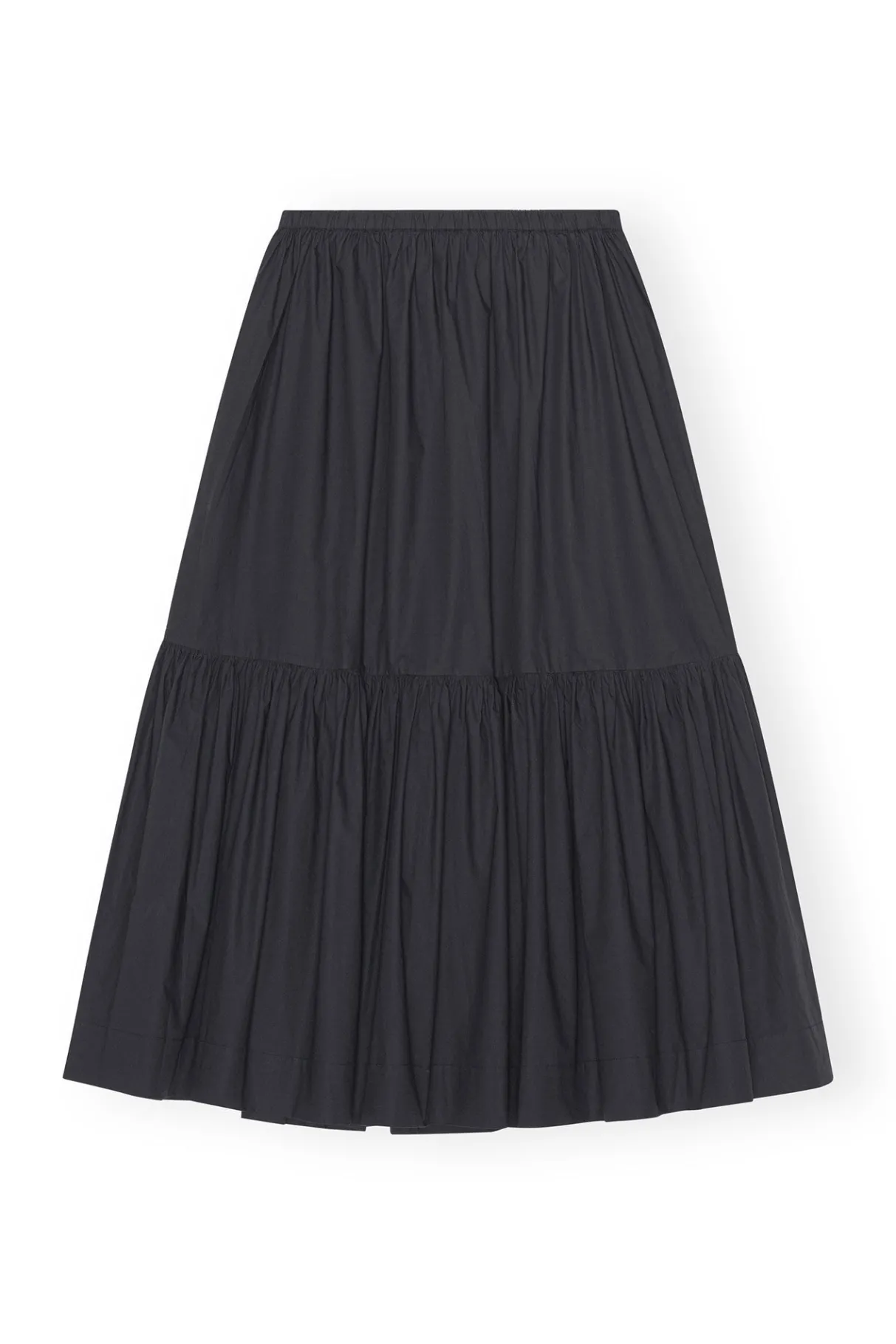 New GANNI Cotton Poplin Maxi Flounce Skirt Black