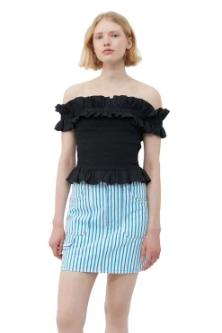 Store GANNI Cotton Poplin Off-Shoulder Smock Top Black