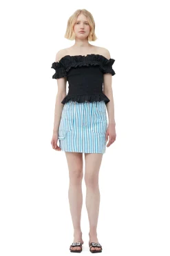 Store GANNI Cotton Poplin Off-Shoulder Smock Top Black
