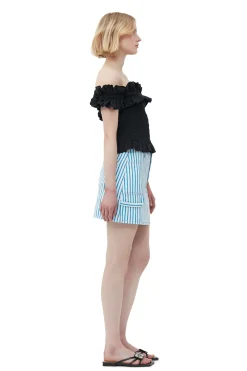 Store GANNI Cotton Poplin Off-Shoulder Smock Top Black