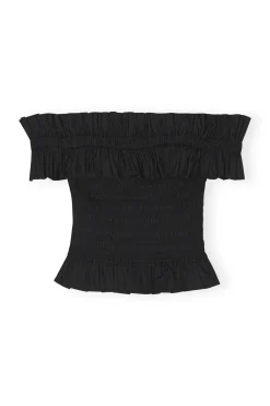 Store GANNI Cotton Poplin Off-Shoulder Smock Top Black