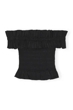 Store GANNI Cotton Poplin Off-Shoulder Smock Top Black