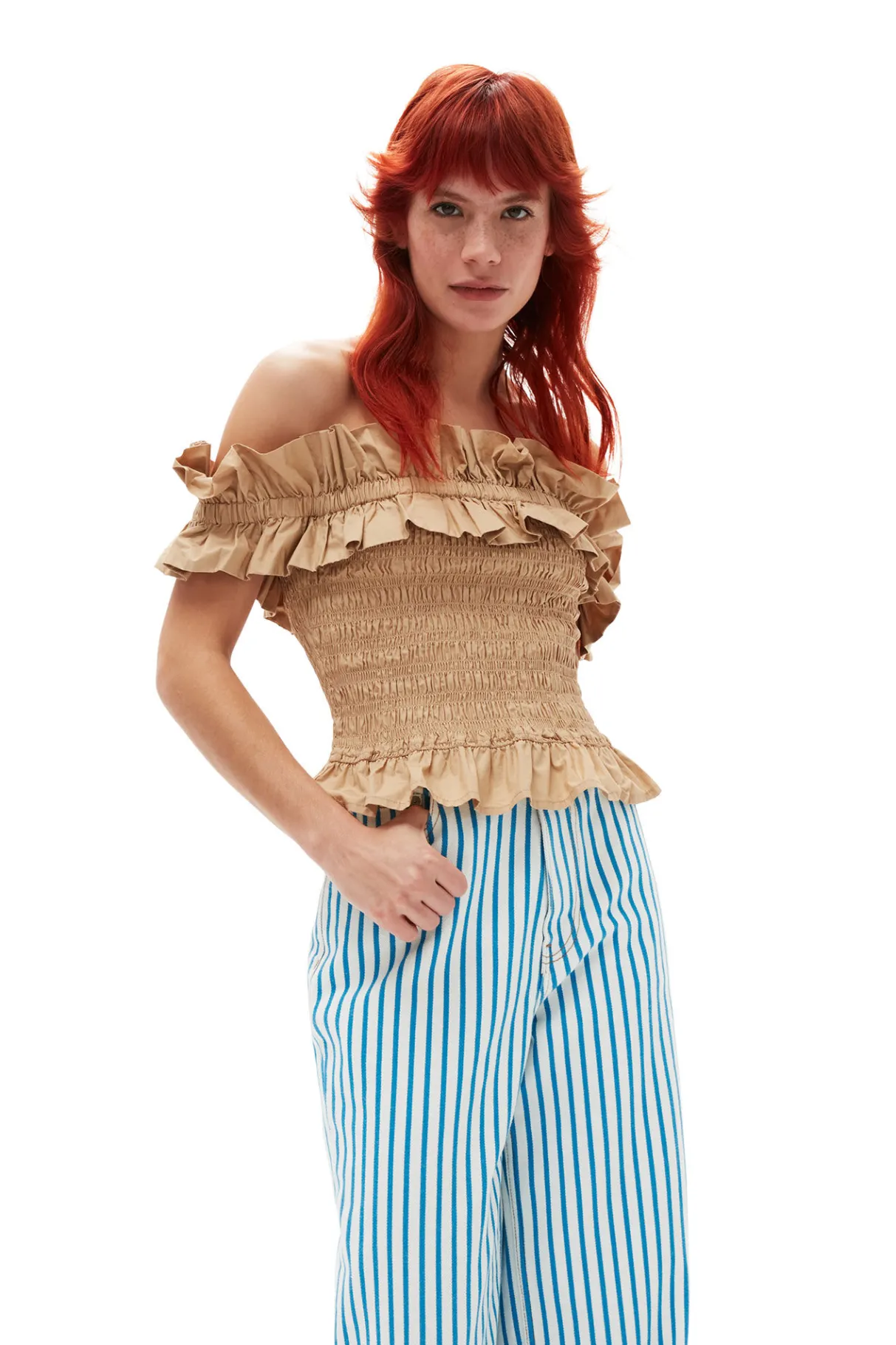 Best Sale GANNI Cotton Poplin Off-Shoulder Smock Top Curds And Whey