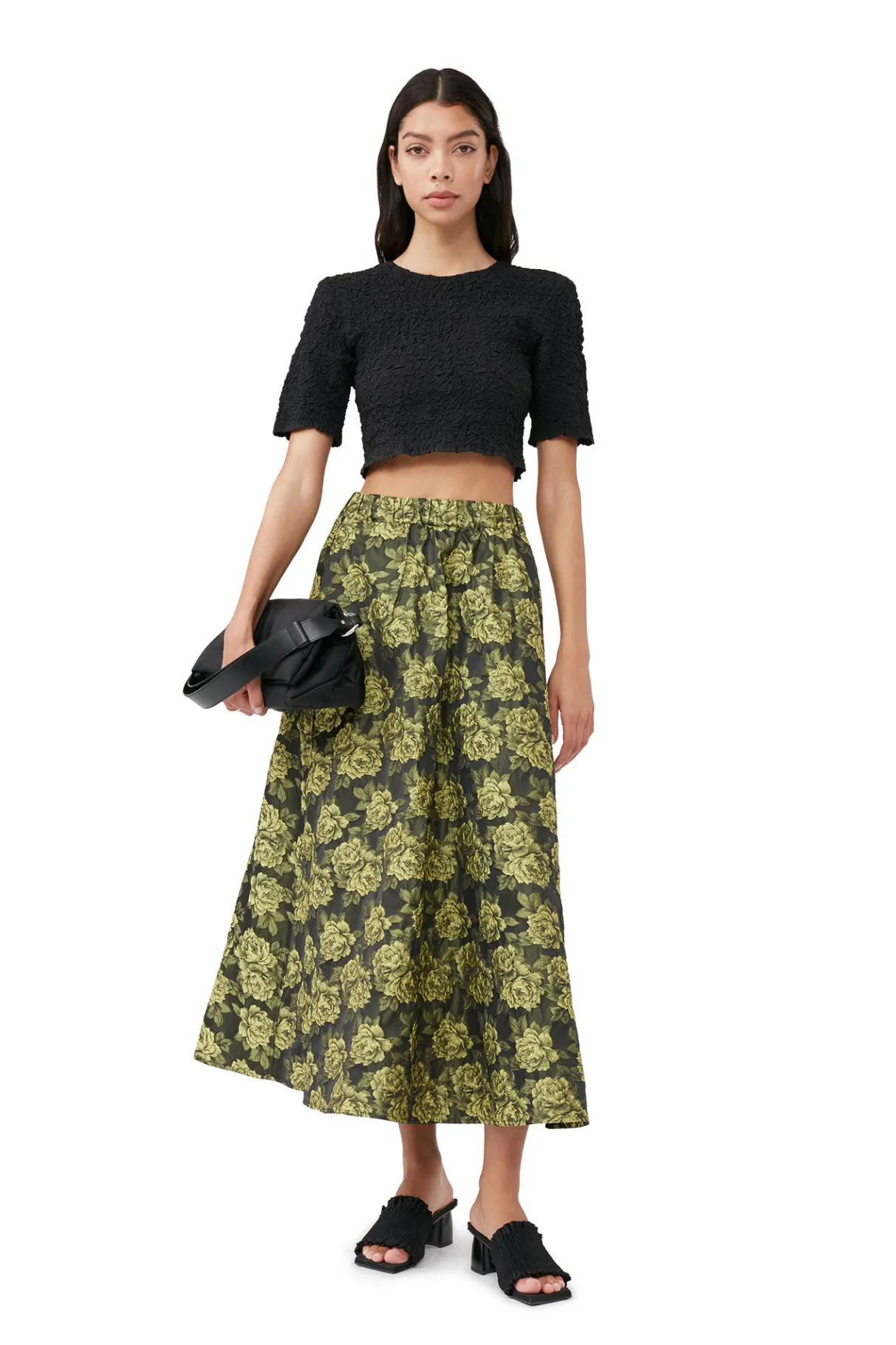 Shop GANNI Cotton Poplin O-Neck Cropped Smock Top Black