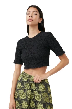 Shop GANNI Cotton Poplin O-Neck Cropped Smock Top Black