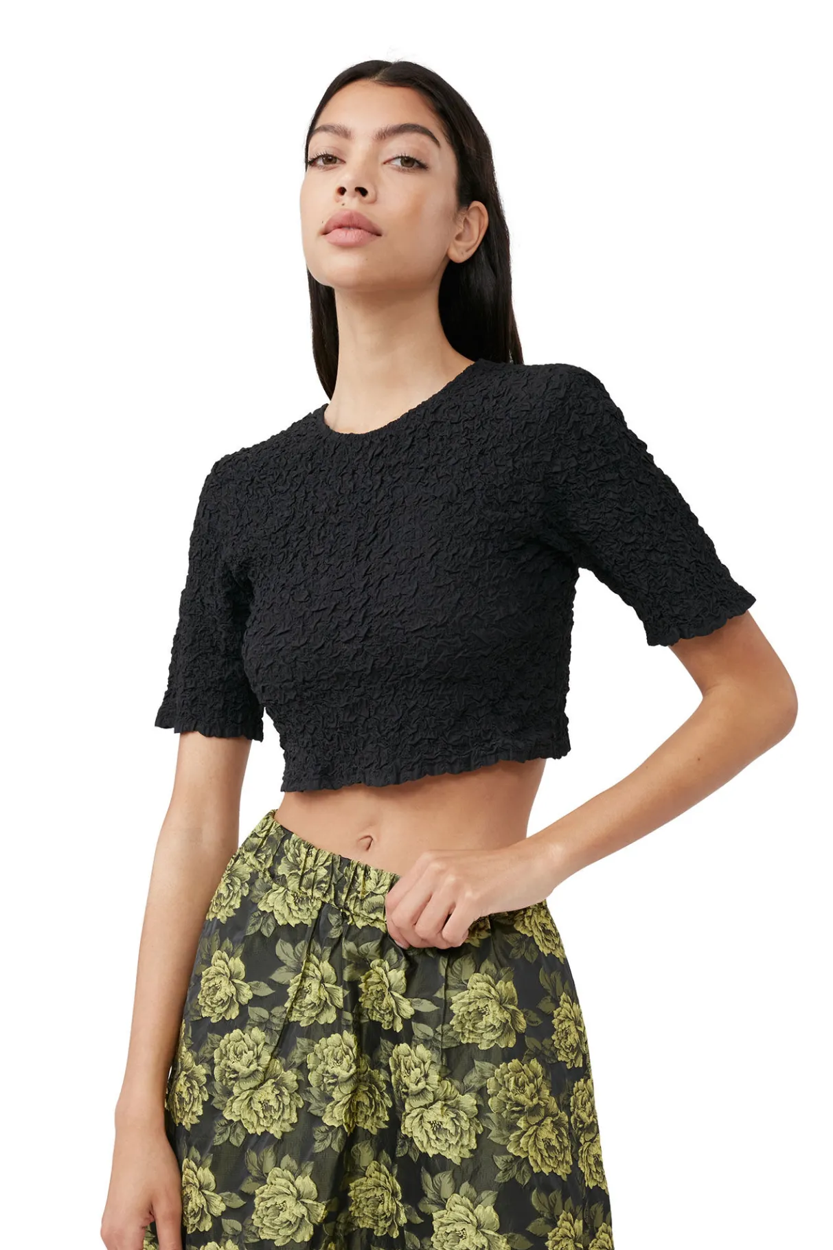 Shop GANNI Cotton Poplin O-Neck Cropped Smock Top Black