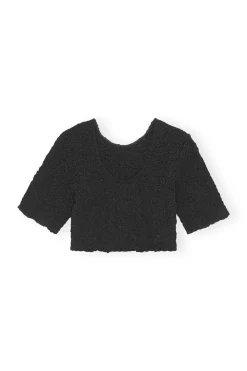 Shop GANNI Cotton Poplin O-Neck Cropped Smock Top Black