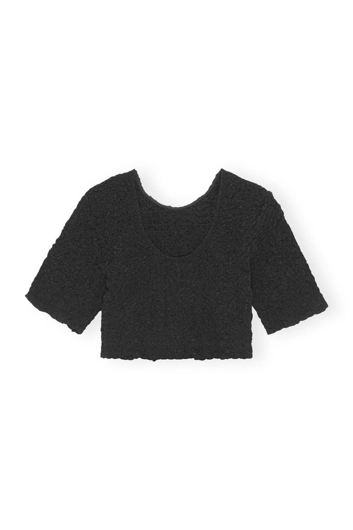 Shop GANNI Cotton Poplin O-Neck Cropped Smock Top Black