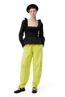 Online GANNI Cotton Poplin Open-Neck Smock Blouse Black