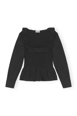 Online GANNI Cotton Poplin Open-Neck Smock Blouse Black