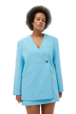 Store GANNI Cotton Suiting Boxy Blazer Ethereal Blue