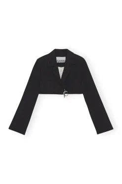 New GANNI Cotton Suiting Cropped Blazer Black